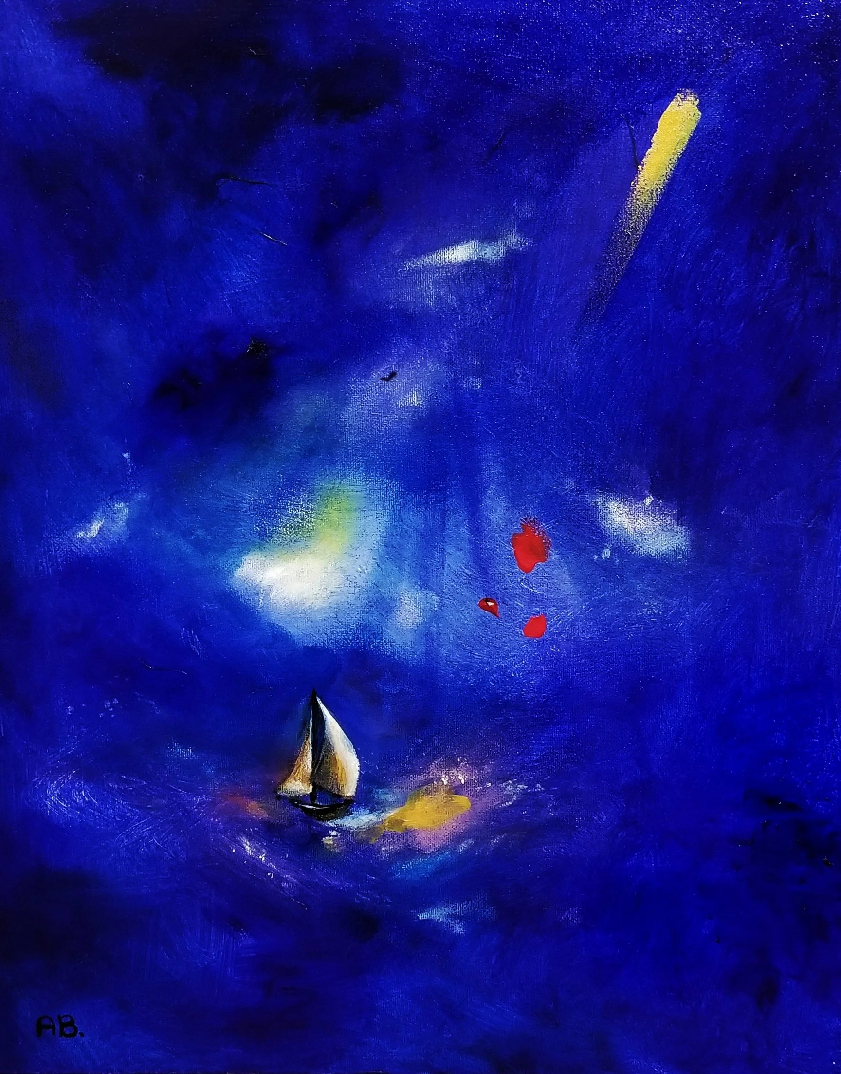 Abstract painting featuring a small sailboat on a deep blue sea with a dark, cloudy sky, and red and yellow highlights.