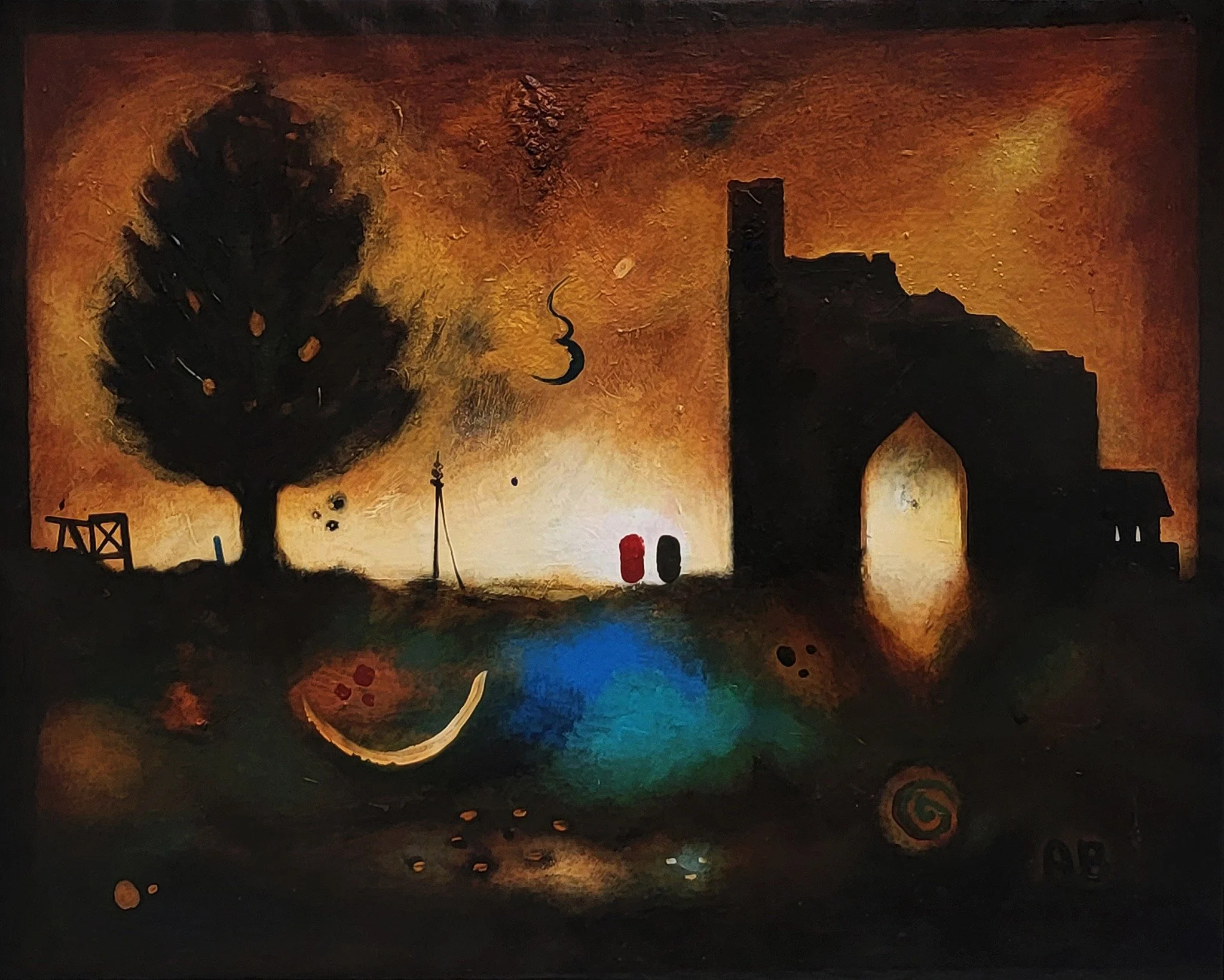 Amber-toned landscape by Anton Balanchivadze with tree silhouette and ancient architectural form