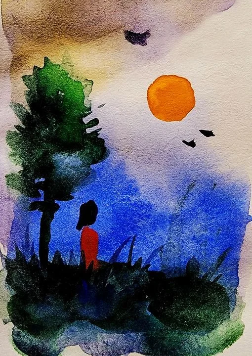 Watercolor painting of a person in red, standing near a tree with green leaves, under an orange sun, with two bats flying in the sky and tall grass in the foreground.
