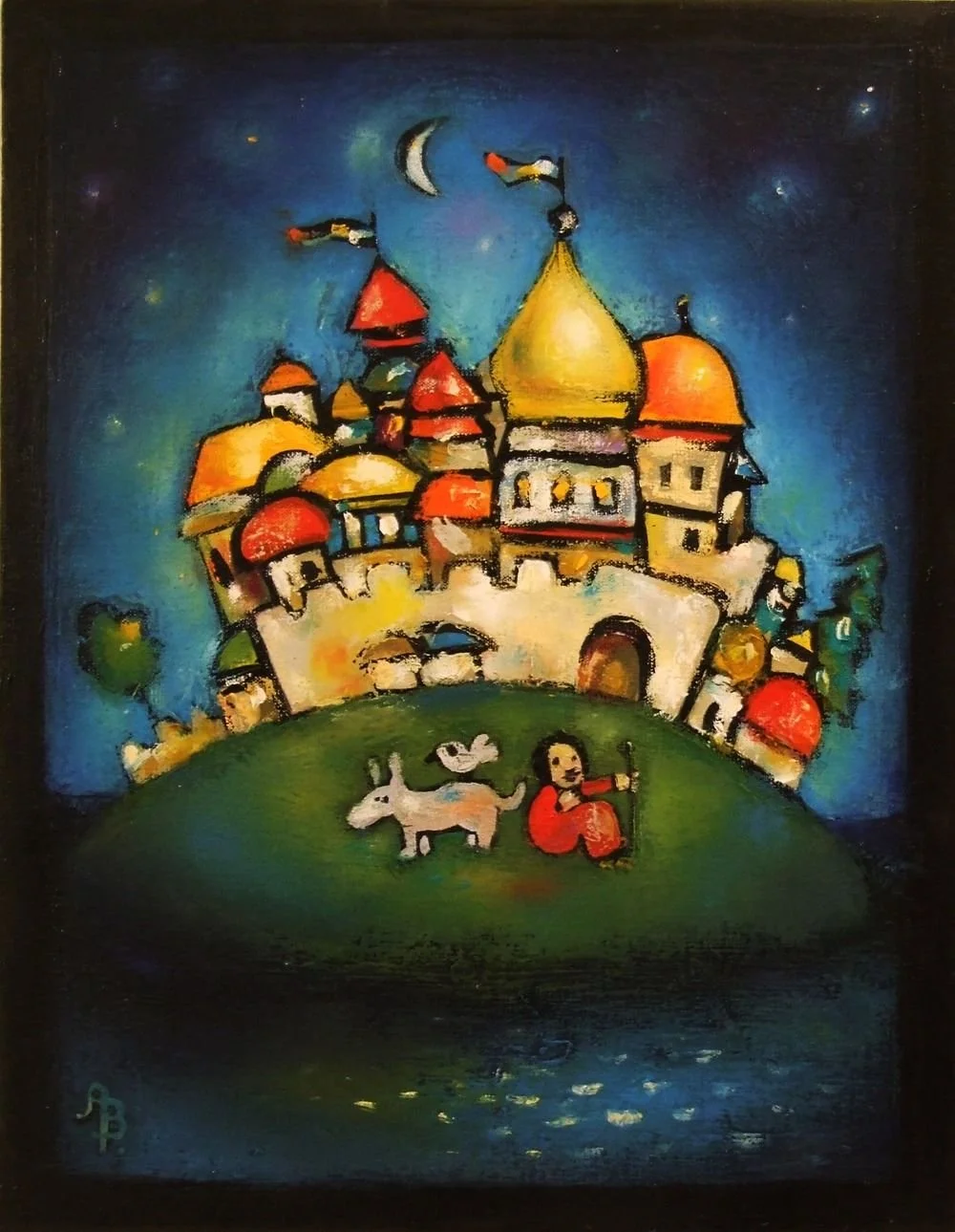Colorful painting of a whimsical castle with domed rooftops in various colors, a crescent moon and stars in the night sky, and a green hill with a girl, a goat, and a bird in the foreground.