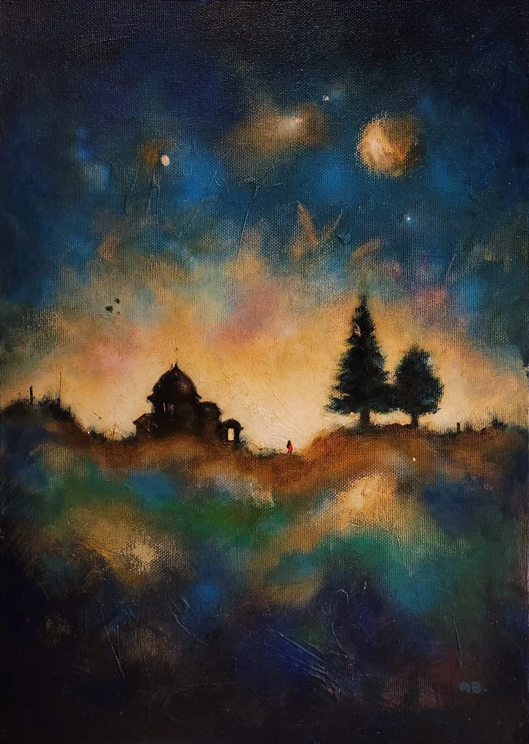 The Field. On the edge- Anton Balanchivadze's Mixed media painting. A painting of a landscape at dusk or dawn with a church, two pine trees, a person, and a colorful sky filled with stars, planets, and celestial objects.