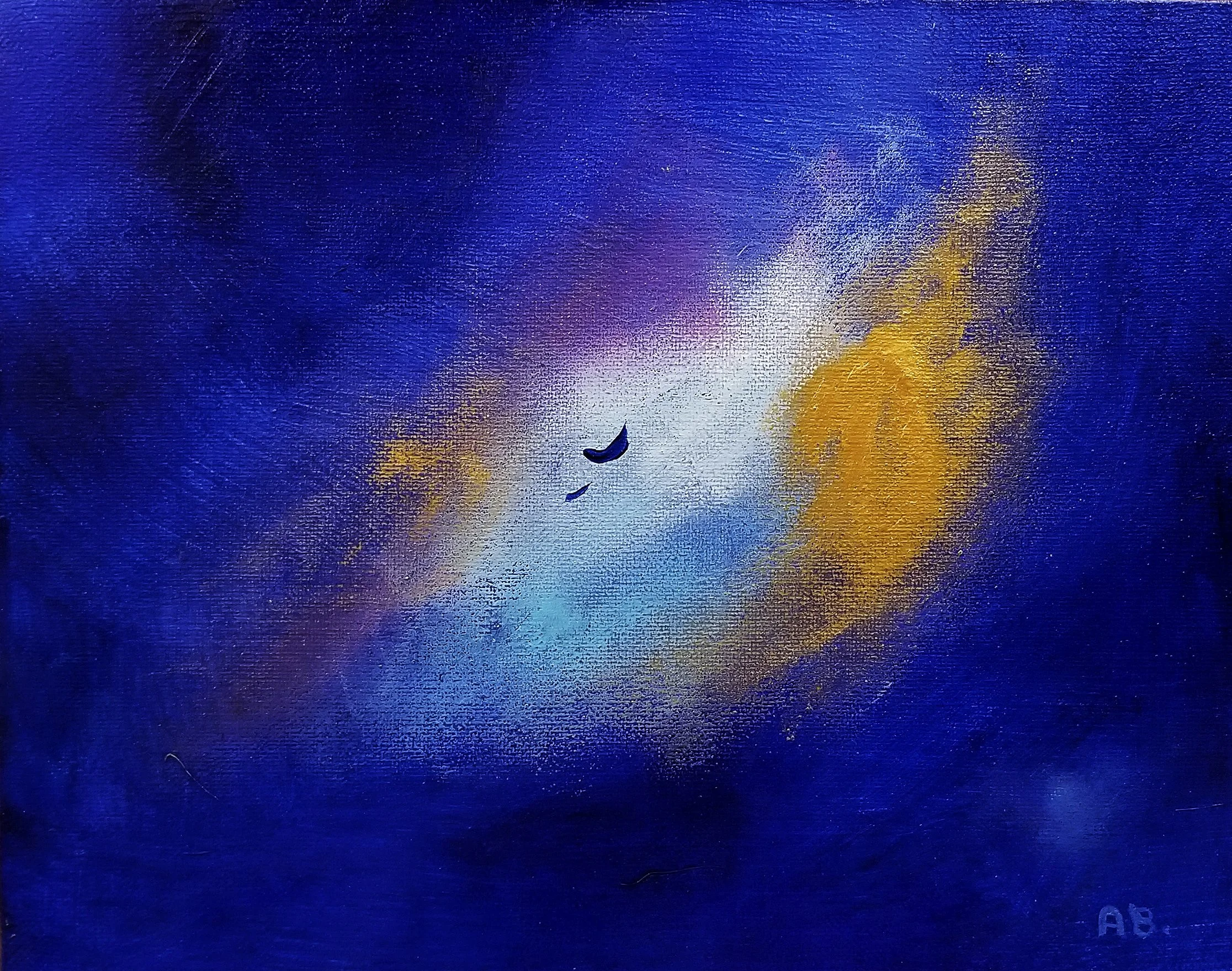 Abstract painting with a deep blue background, hints of purple, yellow, and white, featuring two small black crescent shapes near the center.