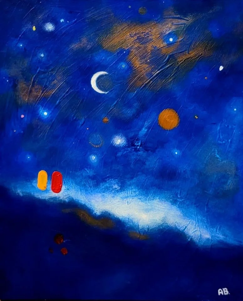 Abstract painting of a night sky with a crescent moon, stars, and planets in shades of blue, with a few orange and red elements.