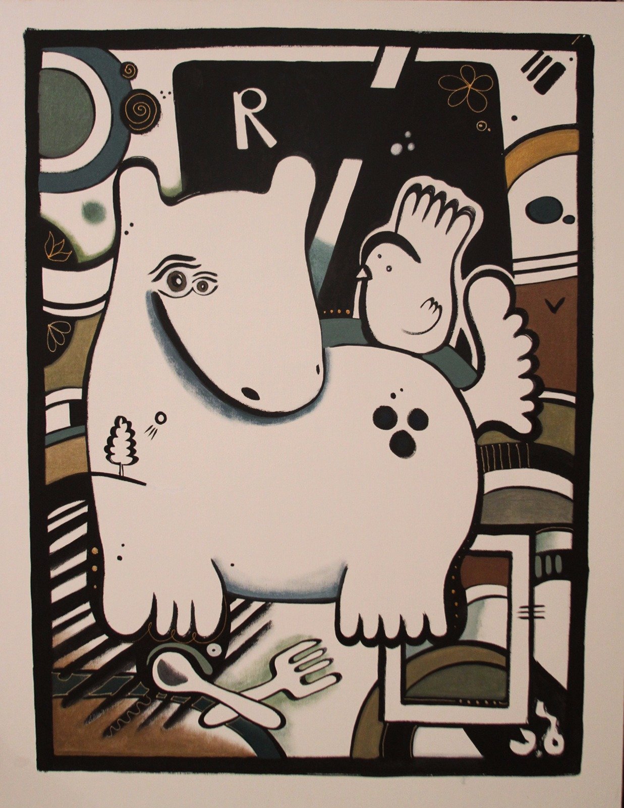 Abstract art featuring a white horse with a face, a small bird with a smiling face, a fork and spoon on a table, and colorful geometric shapes and patterns in the background.