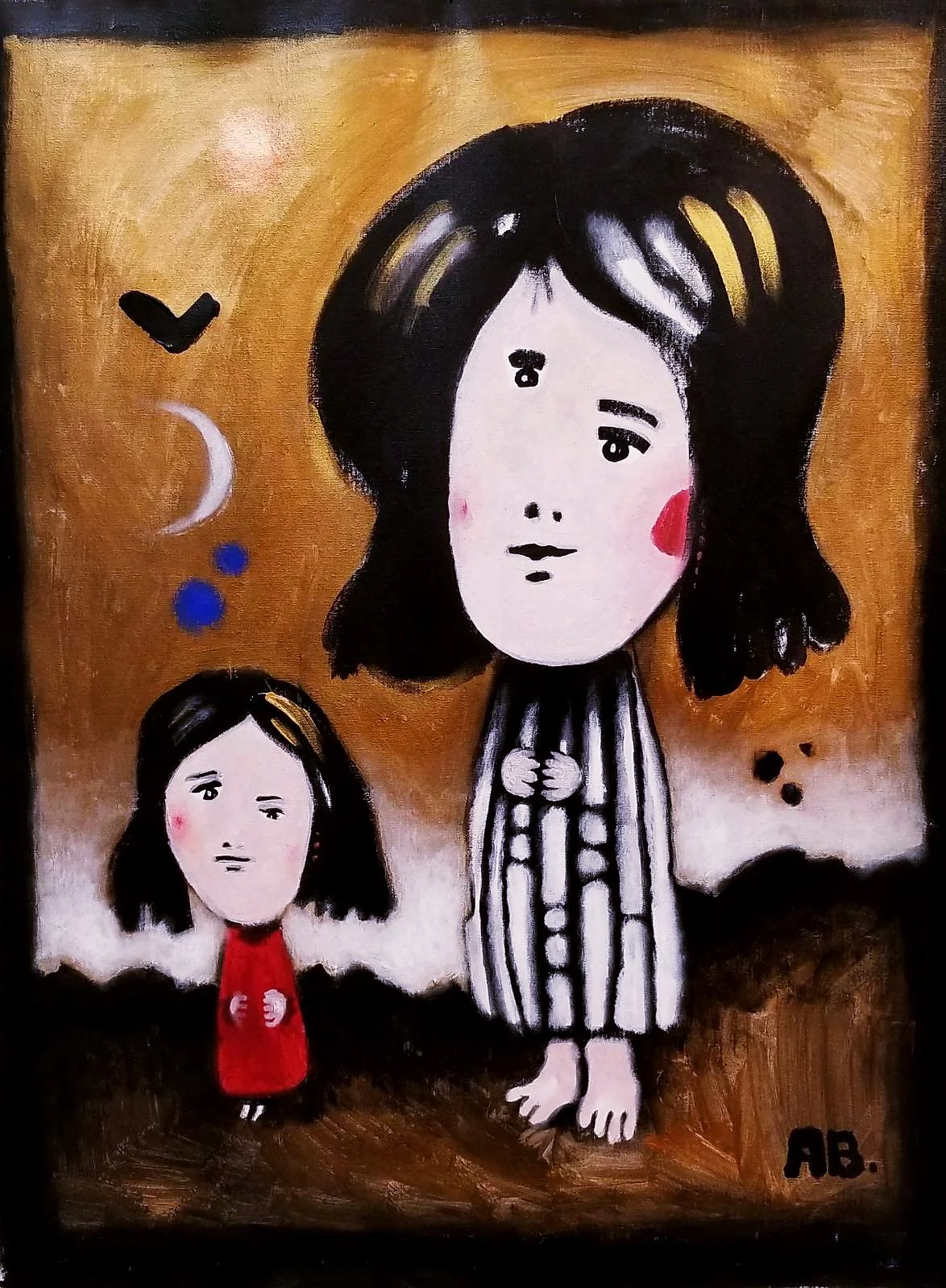 A painting of two women with black hair, pink cheeks, and expressive faces. The woman in the foreground is larger, with a striped outfit, while the smaller woman in the background wears a red dress. The background features abstract shapes, a moon, an