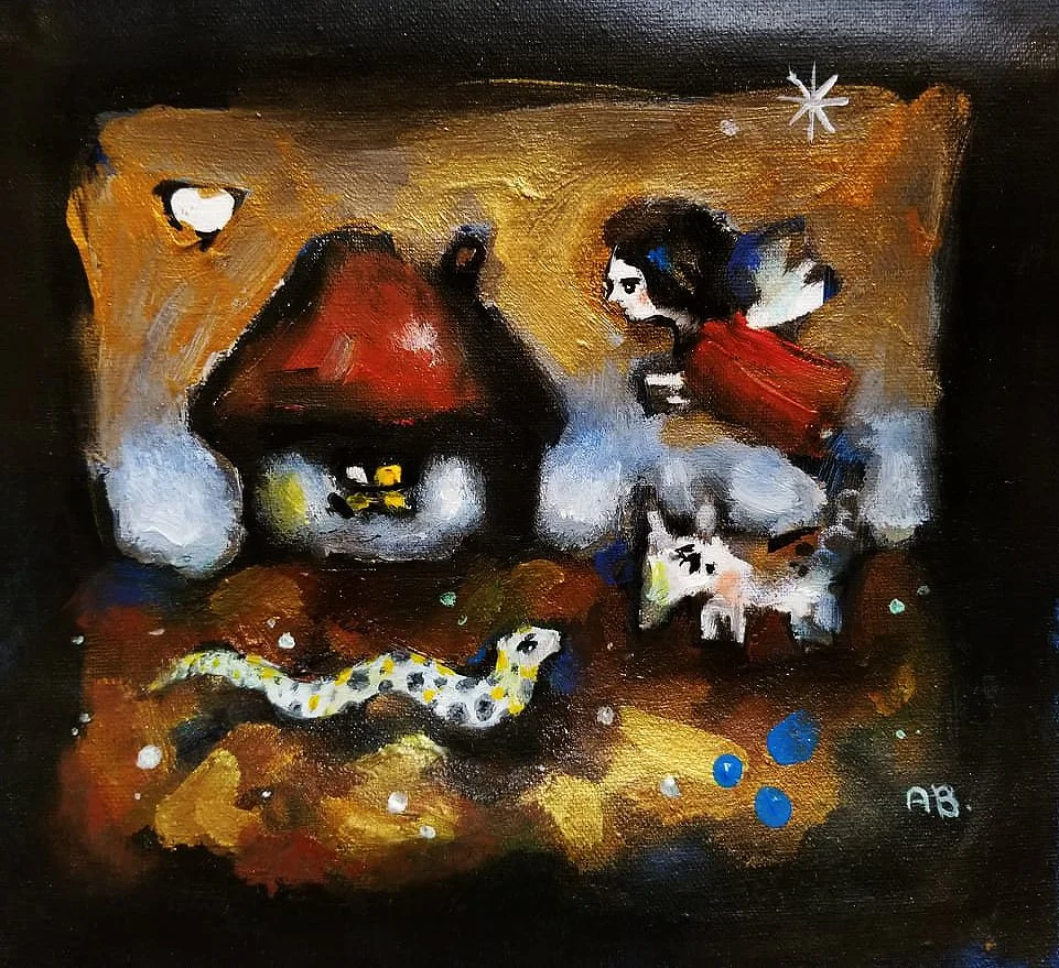 A whimsical painting featuring a woman with fairy wings, a small dog, a toy mouse, a house with a red roof, and stars on a brown and gold background.