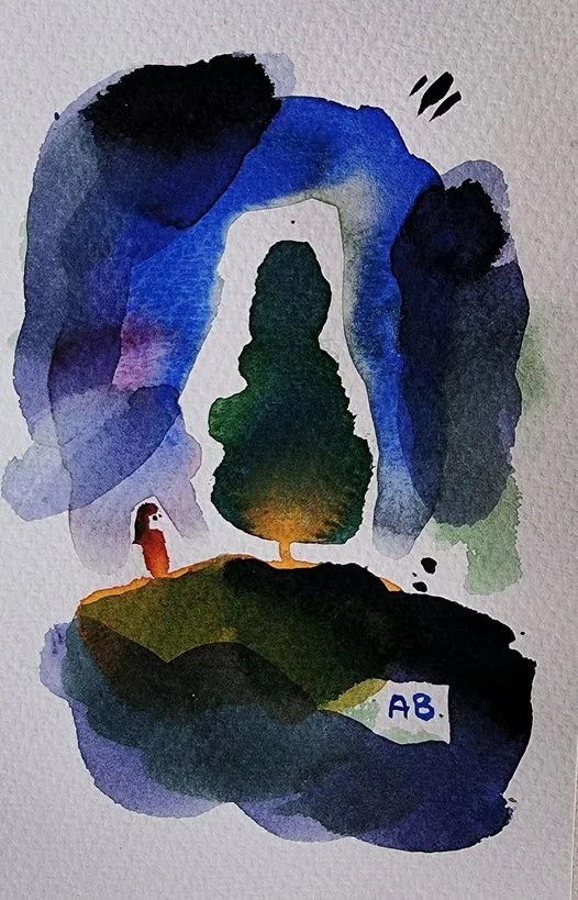 Watercolor painting of a person standing on a hilltop next to a large tree, with a background of abstract blue, purple, and green hues, and a signature "AB" in the bottom right corner.