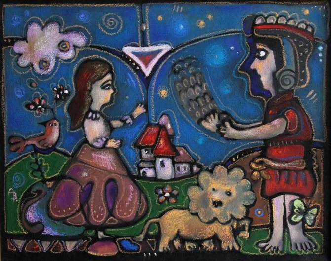 Colorful painting depicting a girl and a woman in a fantasy landscape with a house, animals, flowers, and a starry sky.