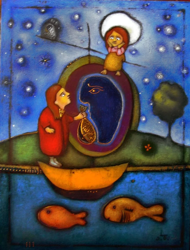 A colorful painting of a girl in a red coat and a girl with a white hat interacting with a mysterious portal, with a night sky, stars, moon, and water with two fish in a surreal, whimsical style.