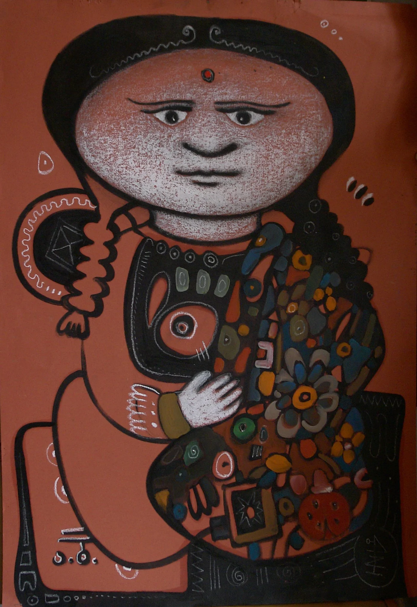 A colorful abstract painting of a woman with a large smiling face, wearing traditional clothing and jewelry, with decorative elements and patterns surrounding her.