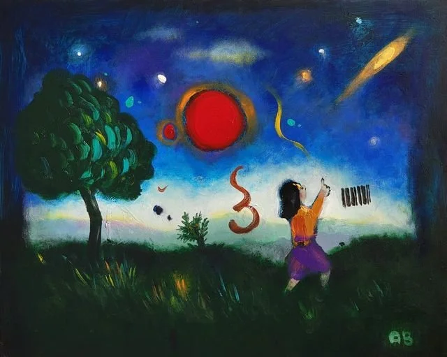 A girl in a purple dress and orange top is playing a piano on a grassy field, with a large green tree on the left and a colorful cosmic sky with planets, stars, and a bright red sun.