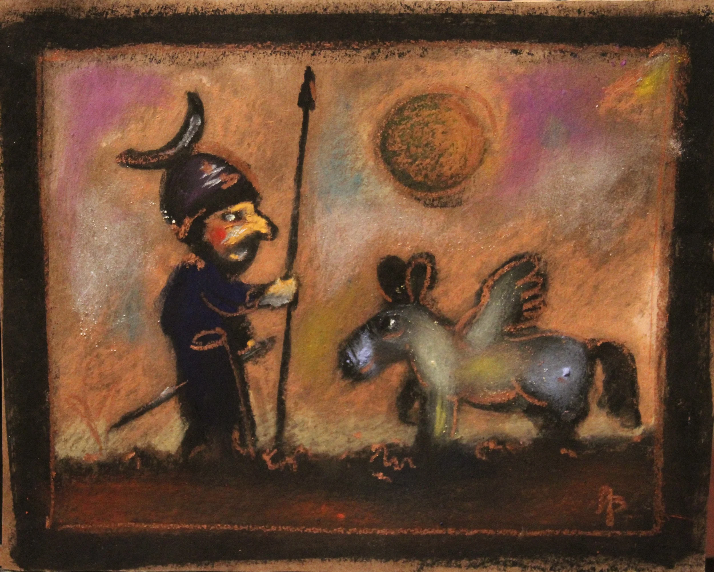 A painting shows a person in a dark outfit and a helmet, holding a spear, facing a winged horse. There is a large orange sun or planet in the background with a colorful sky.