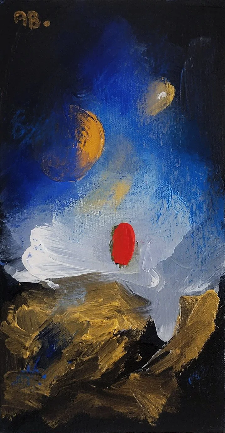 Abstract painting with blue, gold, white, red, and beige colors. Two blue and gold circular shapes at the top, a red shape in the middle, and gold and black brushstrokes at the bottom.