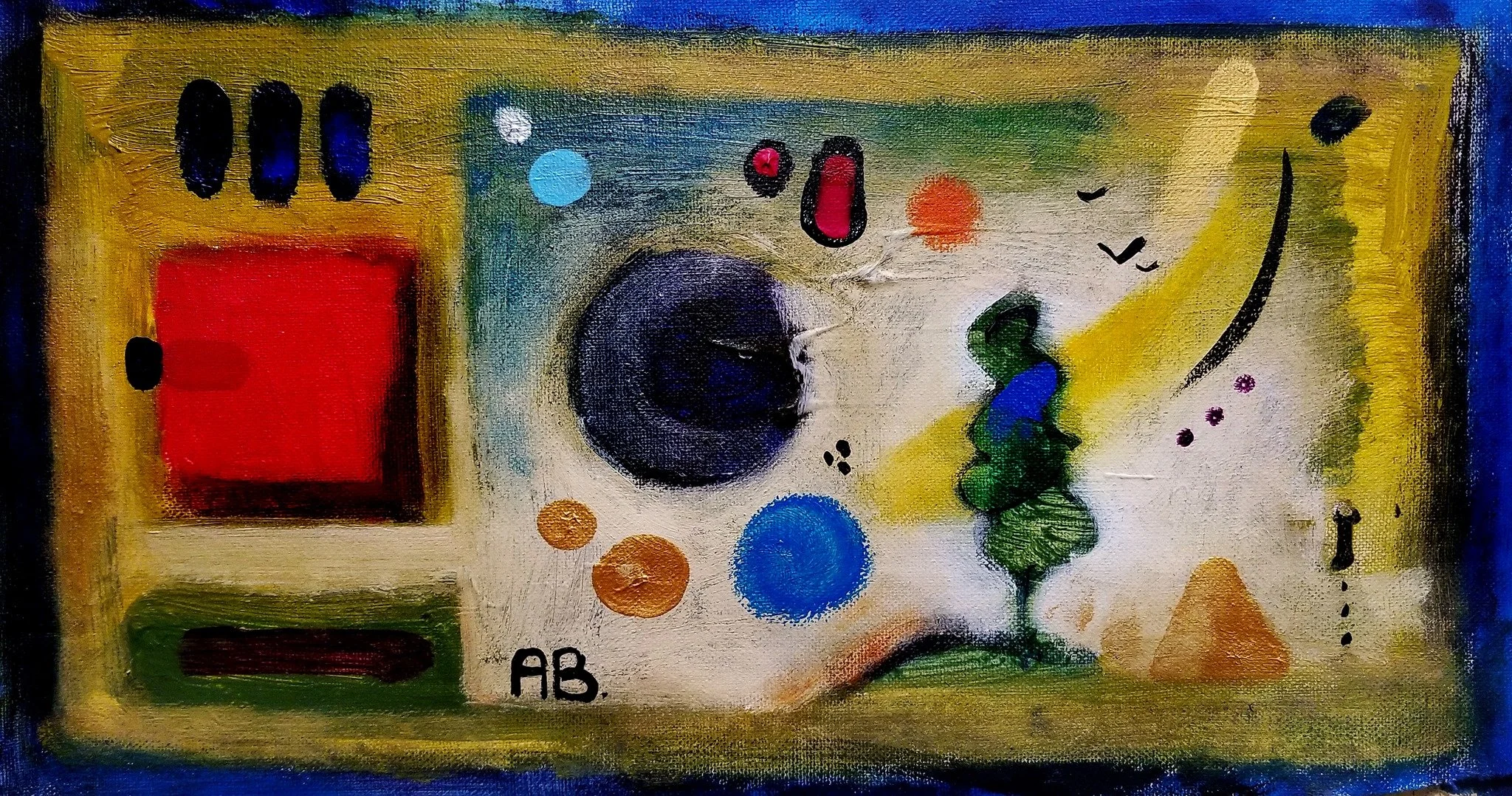 Abstract painting with a yellow background featuring various shapes and colors including a black circle, red square, blue and orange circles, a green shape, black lines, and small birds in black silhouette, signed with initials AB.