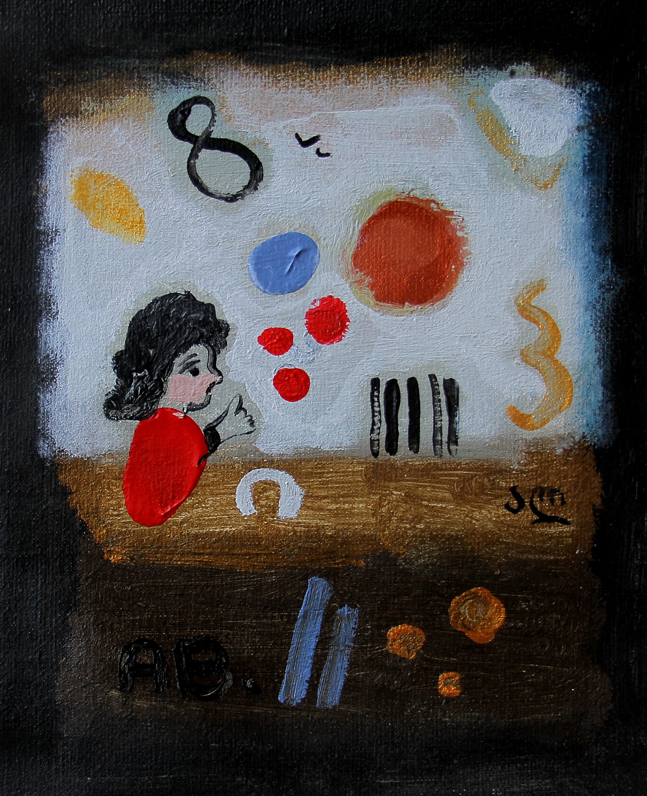 Anton Balanchivadze's painting with a child with dark hair and a red shirt pointing at abstract colorful shapes and symbols on a white background, including numbers, letters, and geometric forms, painted in a textured style.