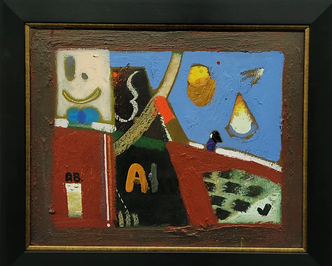 An abstract painting with various shapes and colors, including a smiling face, a blue sky, a window with a view, and blocks of color.