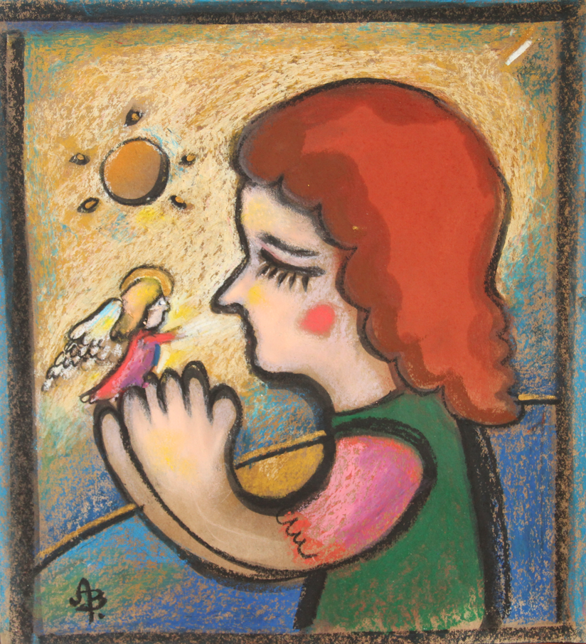 A colorful abstract drawing of a young girl with red hair, closed eyes, and rosy cheeks holding a tiny fairy with wings. The fairy is shining a bright light towards the girl’s face on a warm background with a sun in the top left corner.