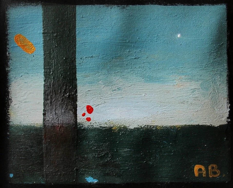 Abstract landscape painting featuring a dark tree trunk, a blue sky with clouds, a large white moon, a colorful orange object on the left, three small red dots near the bottom, and initials 'AB' in the bottom right corner.