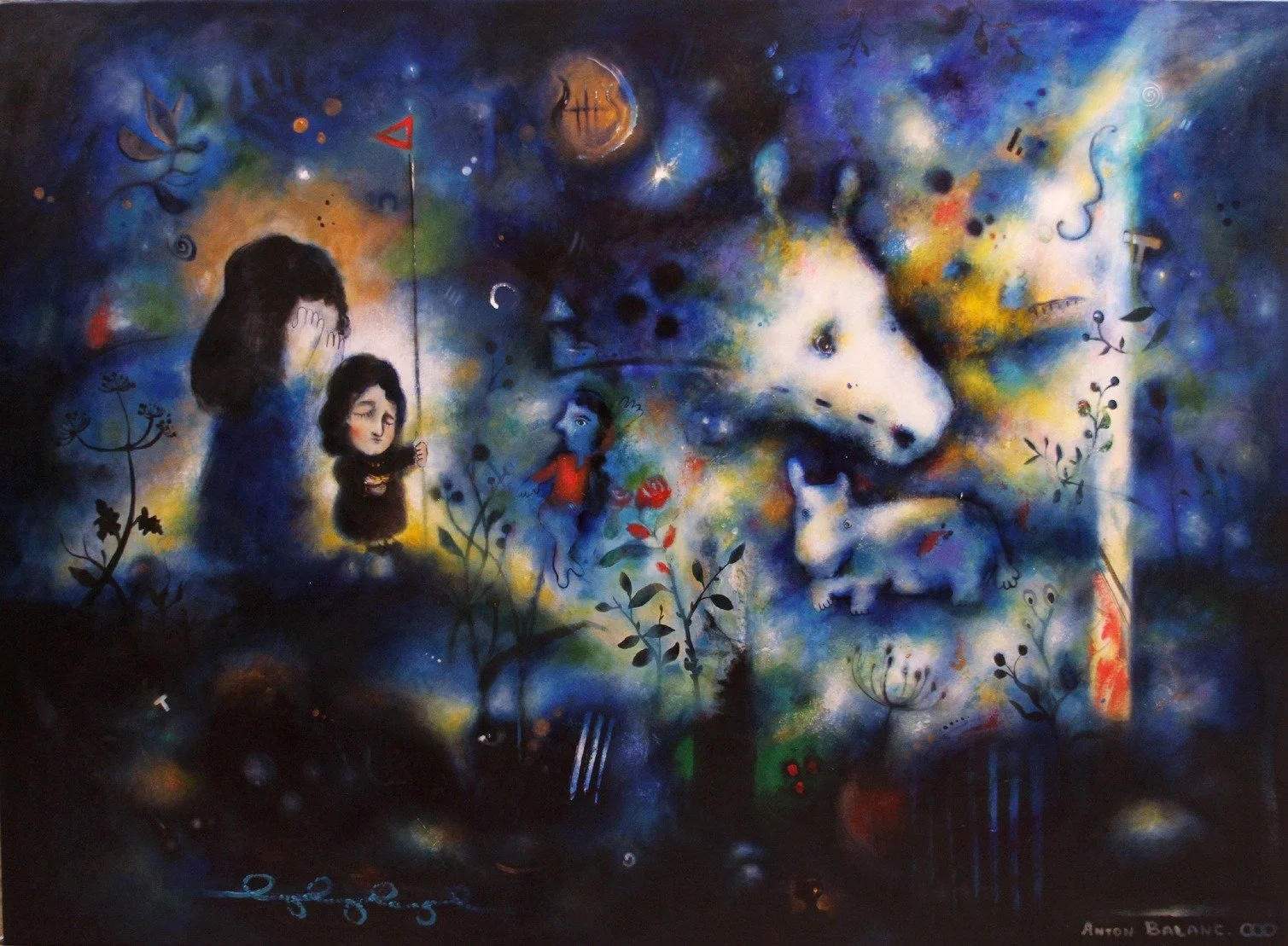 A colorful fantasy painting with children and animals, featuring a girl and a boy near a botanist and a fox, with abstract and cosmic elements in the background.