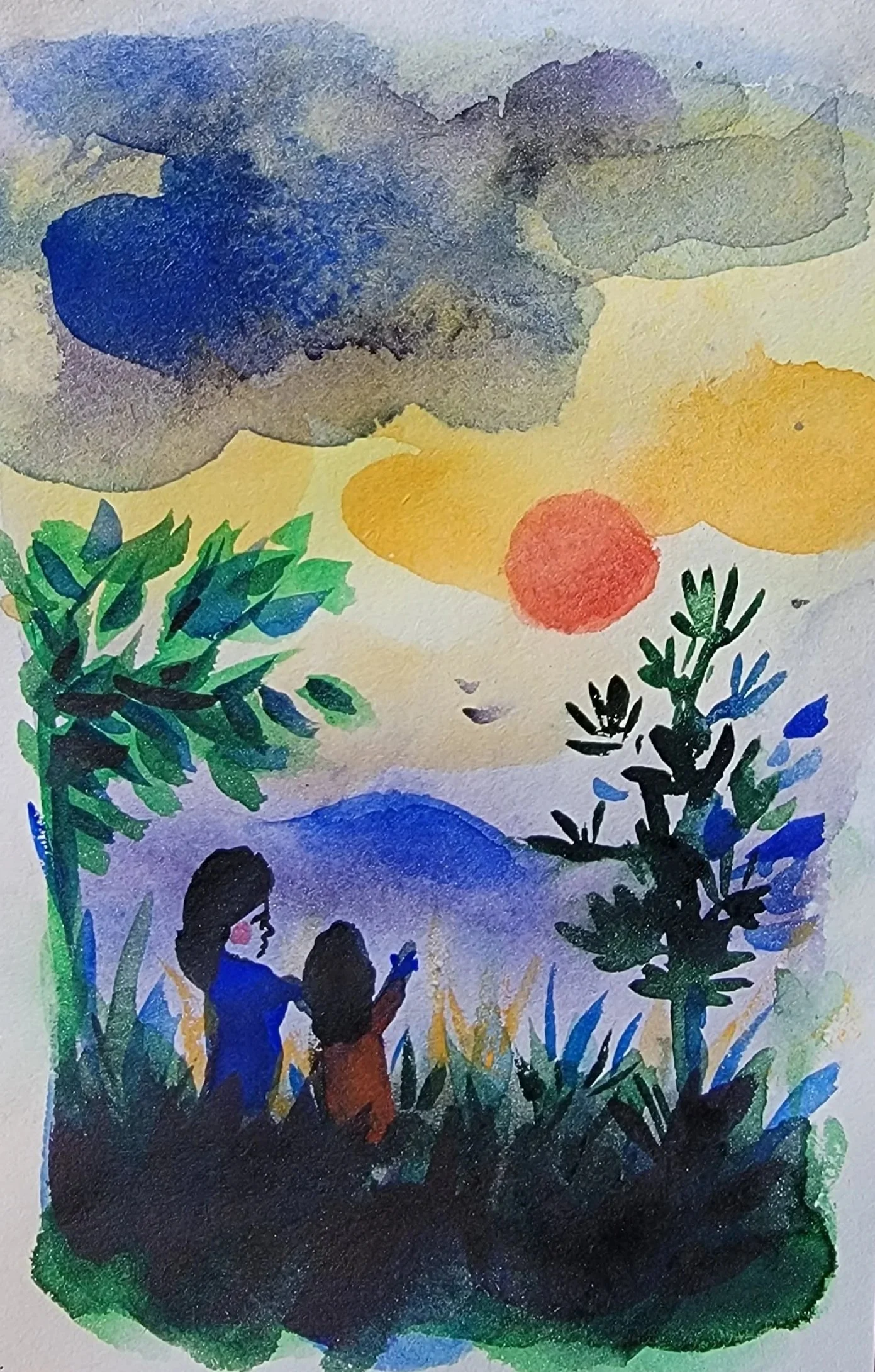 A watercolor painting of two children, a girl and a boy, standing outdoors surrounded by greenery and trees, with a colorful sky featuring a red sun, yellow and blue clouds, and distant mountains.
