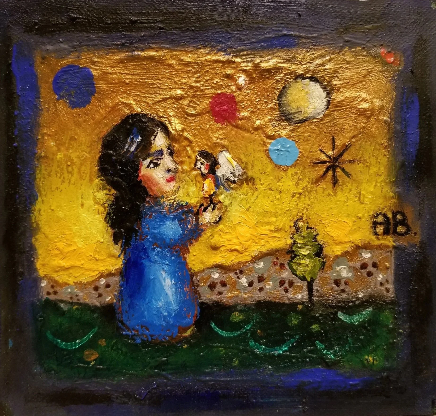 A colorful painting of a woman with dark hair in a blue dress holding a paper airplane, standing in a room with a yellow textured wall, planets, stars, and abstract shapes, signed 'AB' in the bottom right corner.