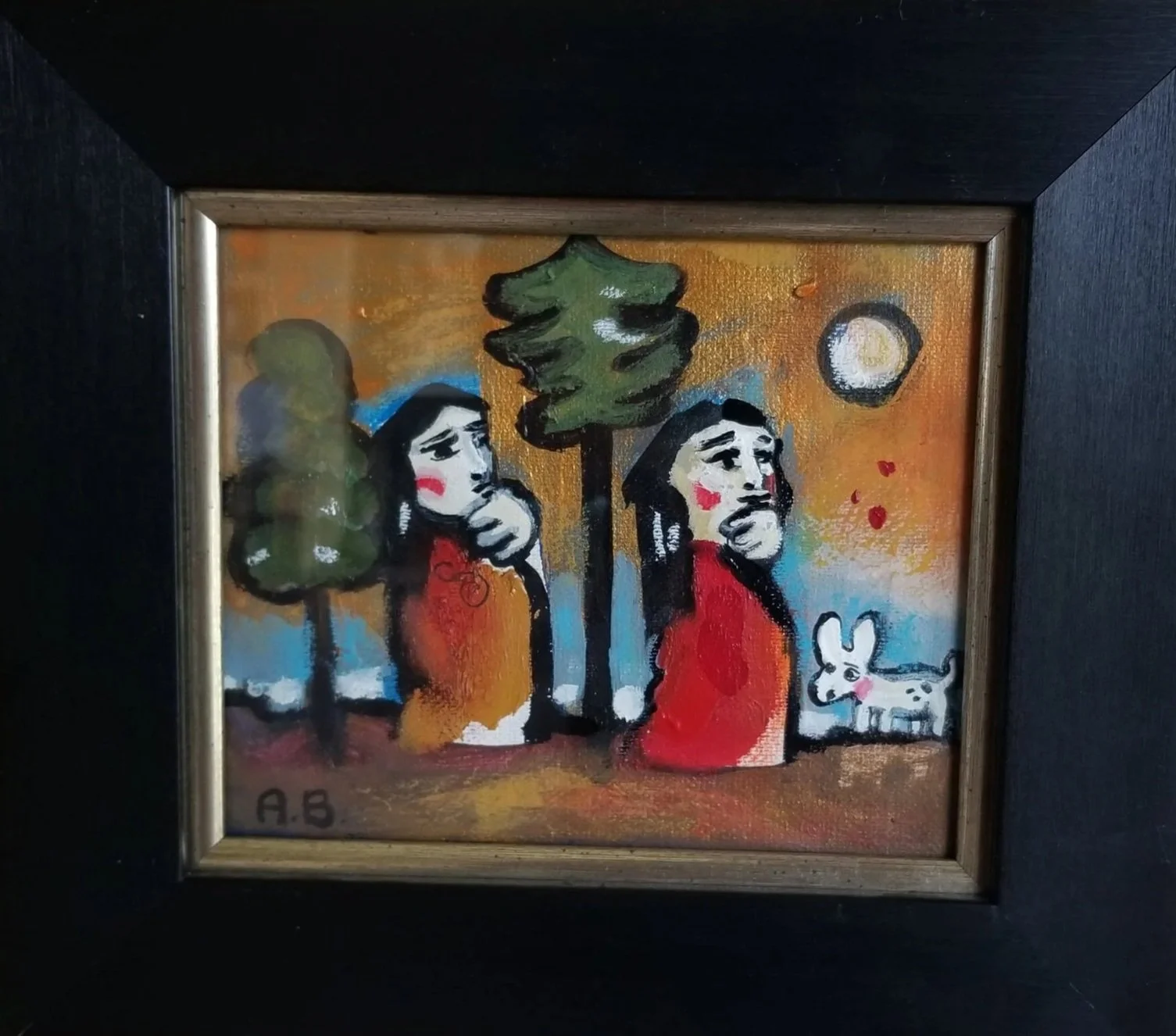 Colorful painting of two women with dark hair and red cheeks standing outdoors, with trees, a bright sun, and a small dog nearby.