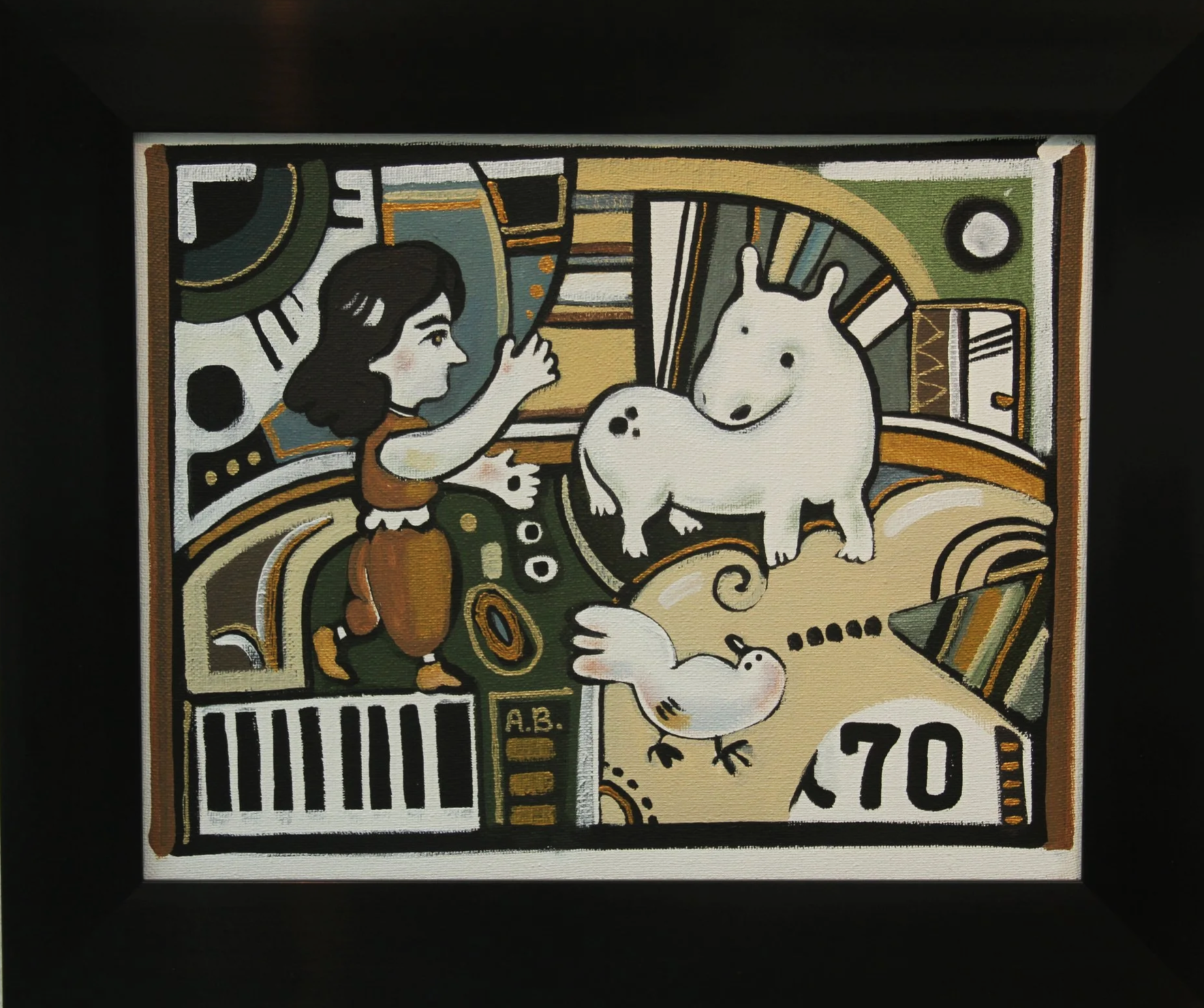 Colorful abstract painting featuring a woman, a unicorn, a white bird, and various geometric shapes.