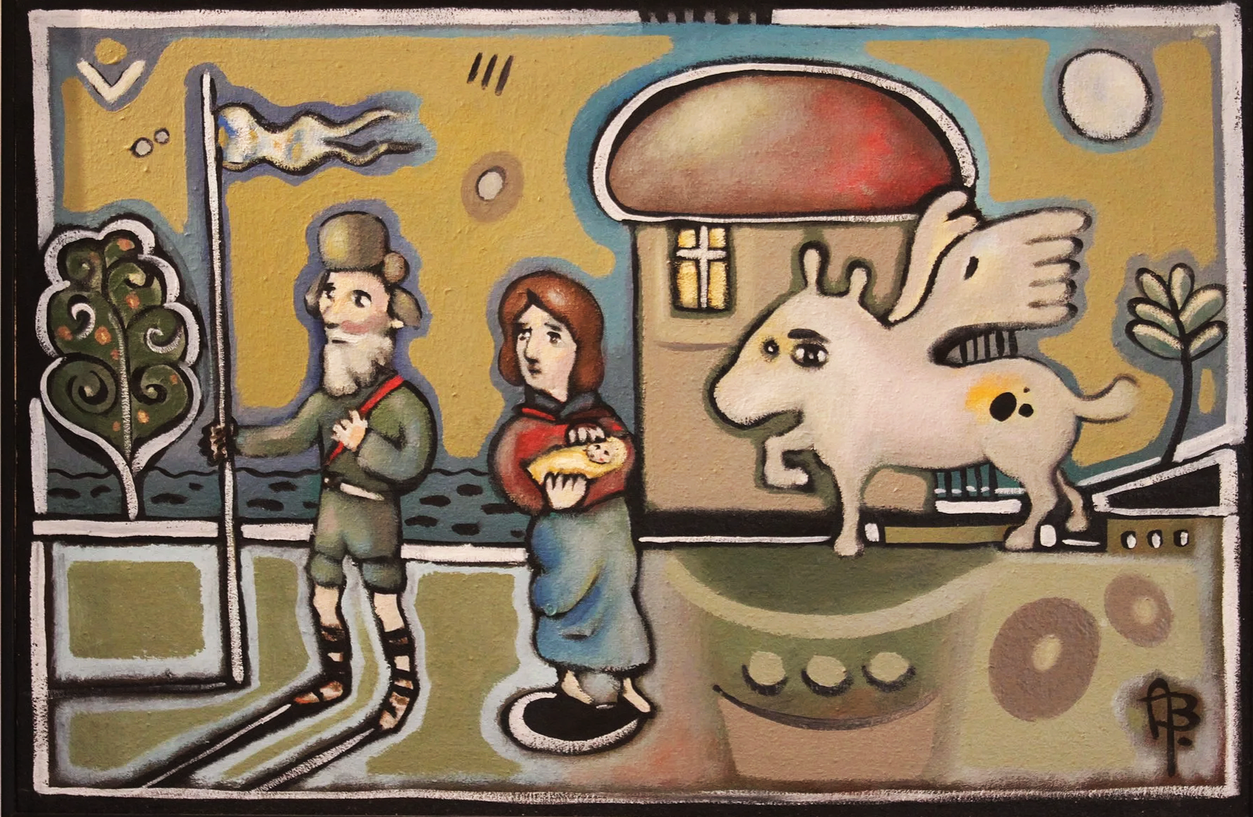 Colorful painting of a man, woman, and mythical creature outside a house with a mushroom-like roof. The man has a beard and wears a green outfit with striped socks, holding a staff. The woman has red hair and carries a cat. The creature is a white un