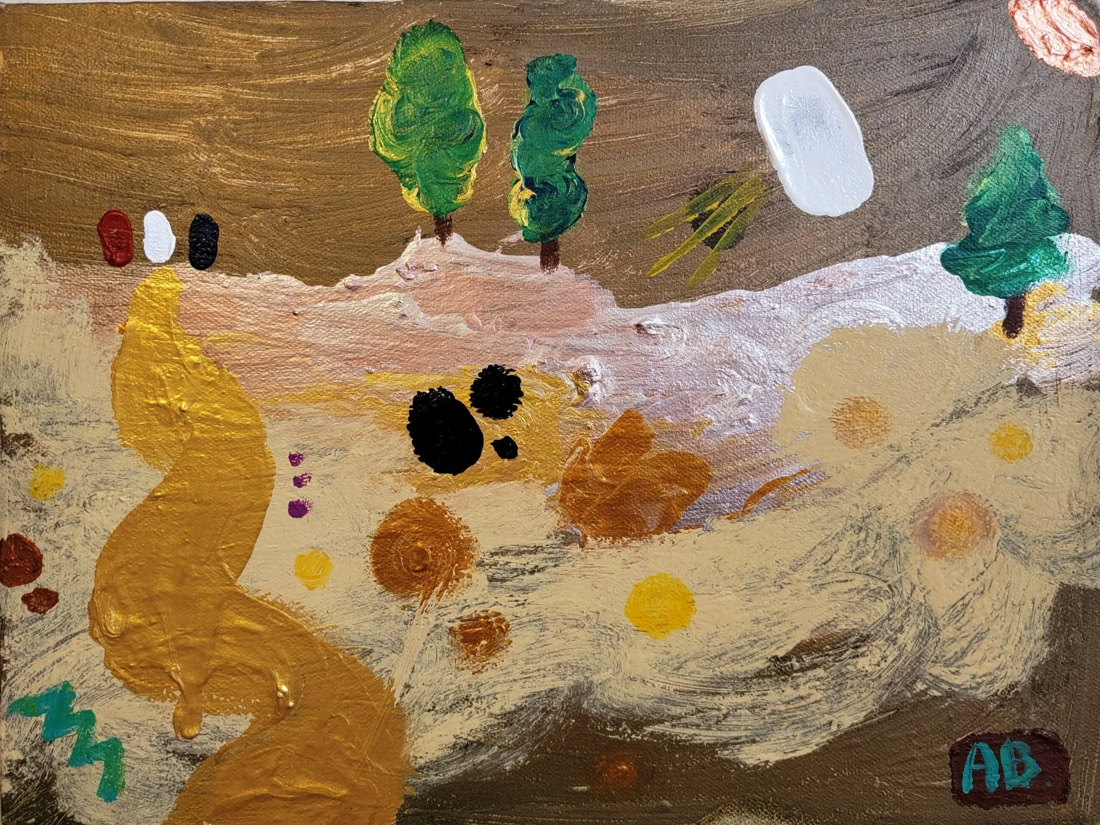 An abstract painting with textured brushstrokes featuring green trees, a winding yellow path, various colored dots, and a signature "AB" in blue on a brown background.