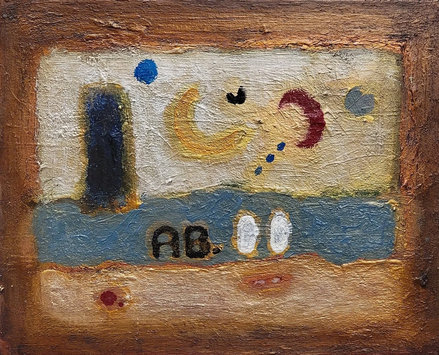 An abstract painting of colorful shapes and objects with a textured background, featuring a dark vertical shape on the left, a yellow crescent and a red semi-circle in the center, small black and blue dots, and the letters 'AB 01' near the bottom.