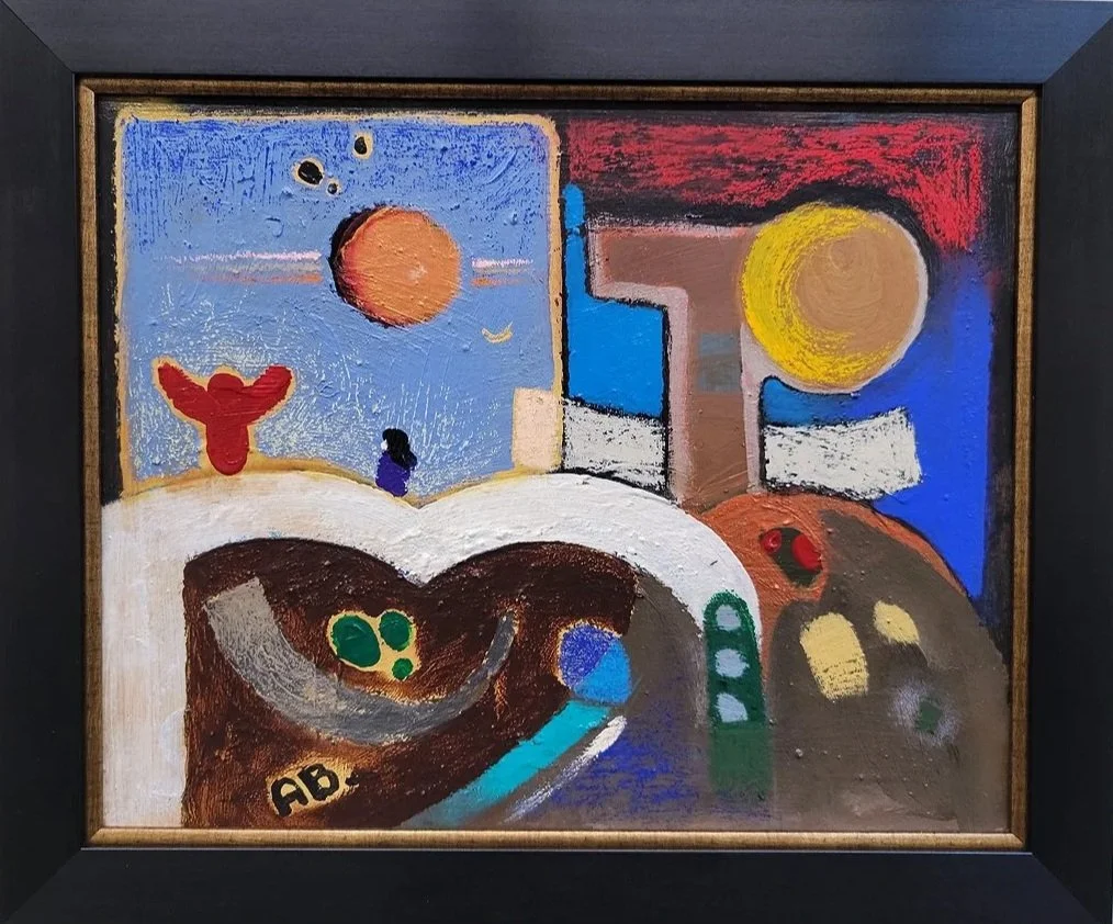 Colorful abstract painting with Earth, Sun, moon, and sky elements, featuring a red whale tail, a small figure, and various shapes and colors.
