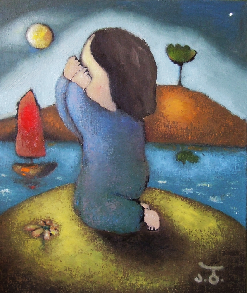 A painting of a person kneeling on a grassy hill by a body of water, with hands covering their face, a sunset or sunrise in the sky, a tree on a hill in the background, and a small bicycle in the bottom right corner.