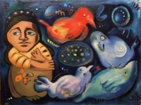 A painting of a young girl with dark hair and a contemplative expression, surrounded by colorful birds and abstract planetary shapes in a cosmic background.