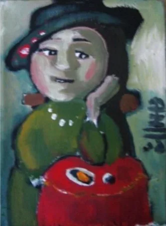 Painting of a woman with black hair and pink cheeks, wearing a green top and a dark hat, sitting with her hand resting on a red object.