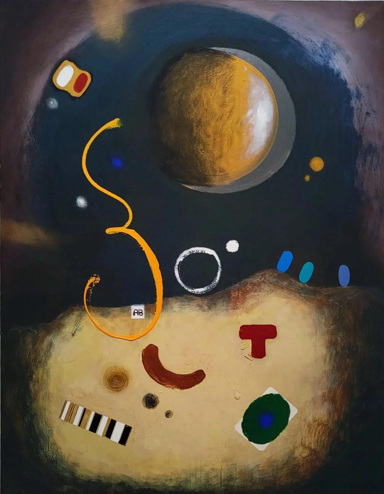 Abstract space-themed artwork featuring a large celestial body, likely a moon, with planets, rings, and colorful geometric shapes against a dark background with cosmic elements.