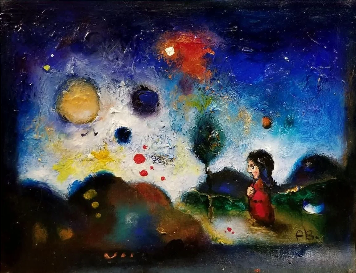 A colorful abstract painting depicting a girl in a red dress standing or walking near a tree, with a cosmic, starry sky background filled with planets, bright spots, and swirling colors.