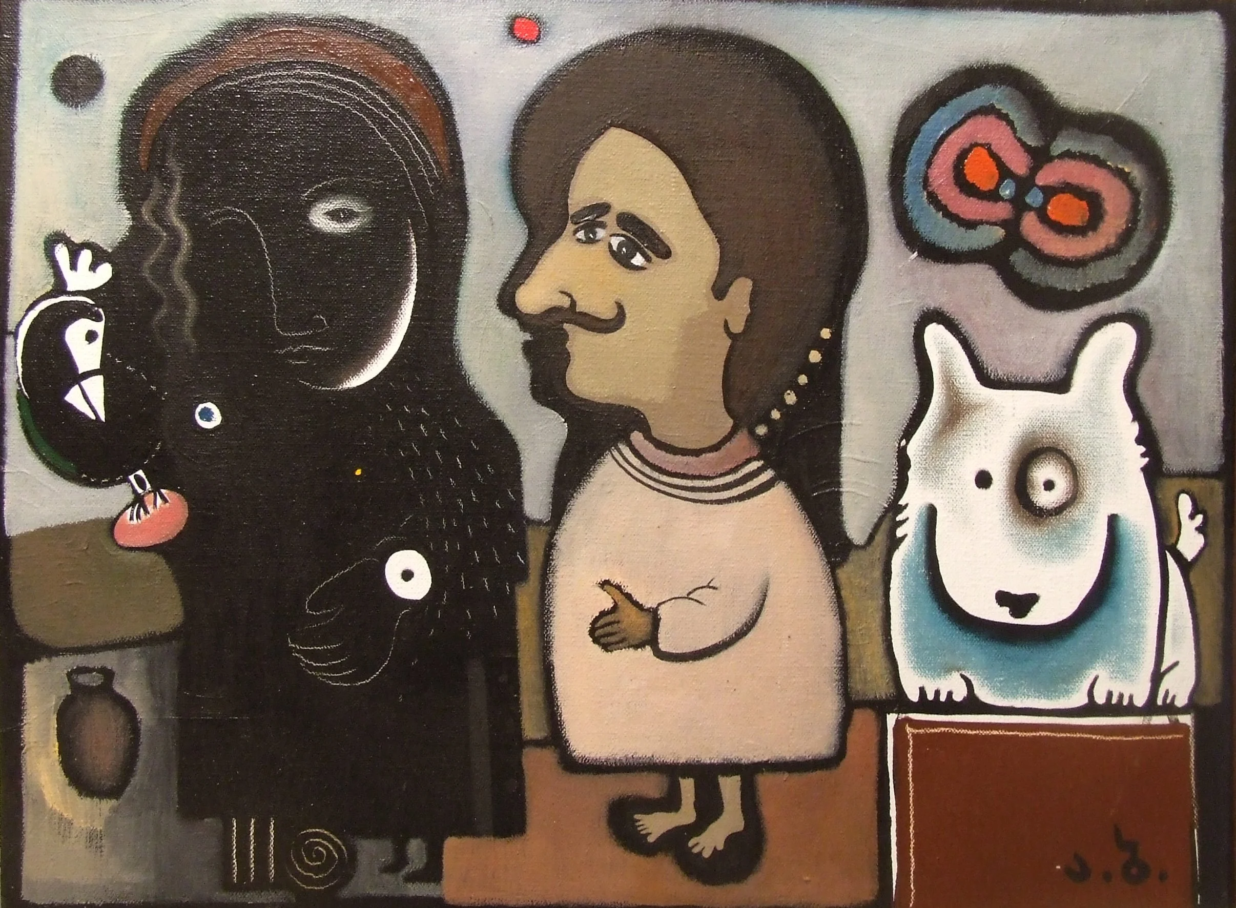 A surrealist painting depicting a woman with dark skin and long black hair, standing in the center, with abstract faces and animal-like figures around her. On the left is a black entity with a face, and on the right is a white dog-like creature with 