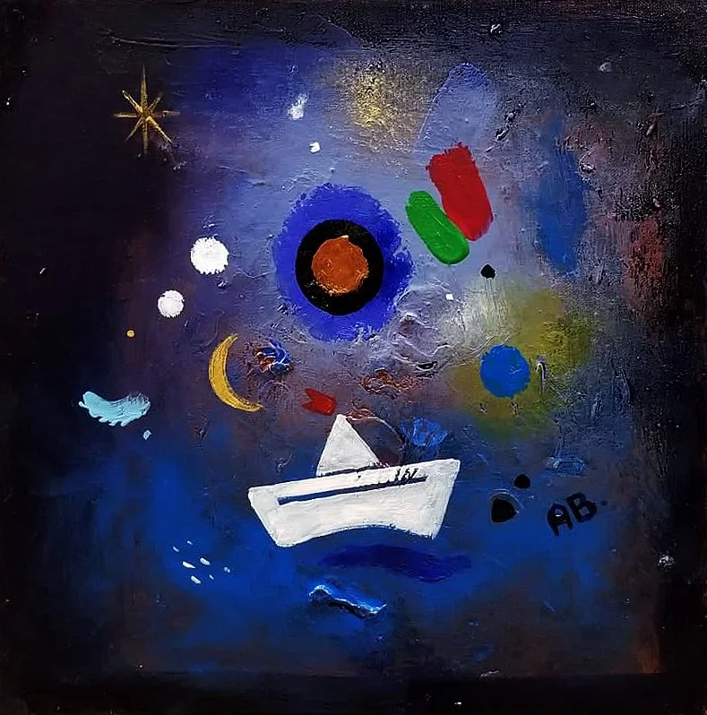 Abstract painting featuring a stylized white sailboat, celestial objects like stars, planets, a crescent moon, and colorful shapes on a dark, cosmic background.