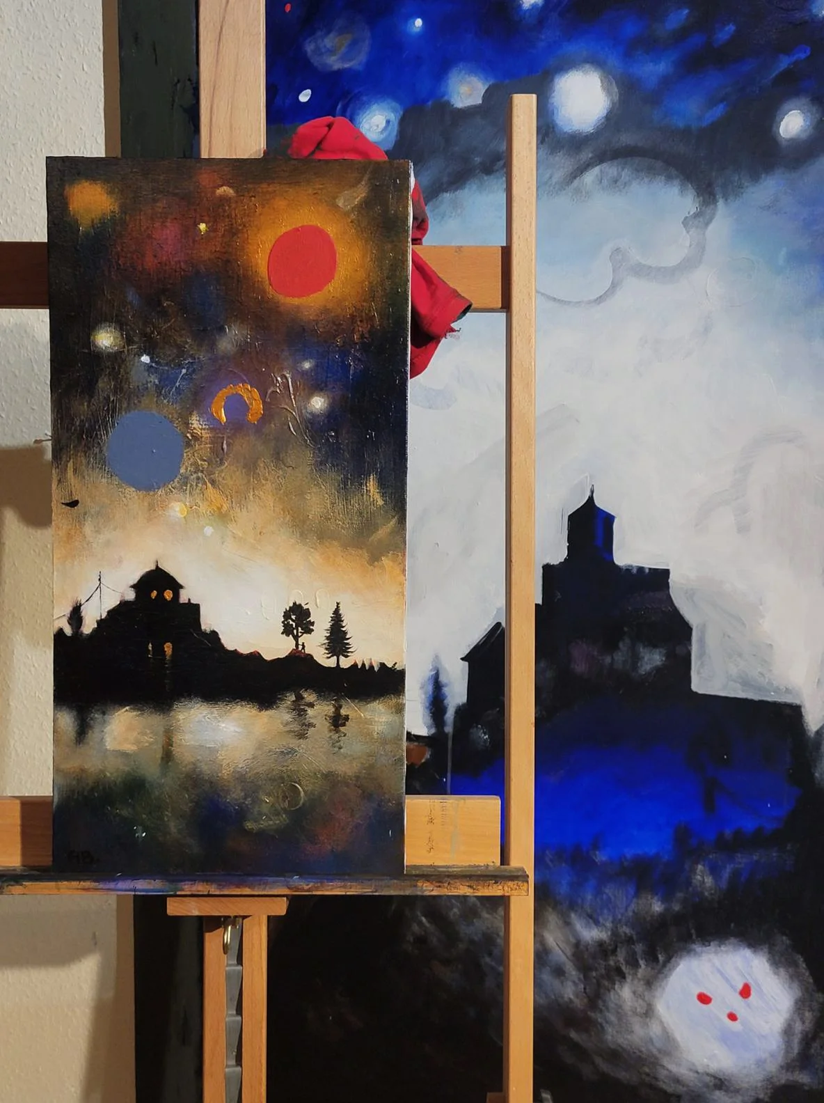 Anton Balanchivadze, Paintings of a sunset or sunrise over water with houses and trees, and a night sky with clouds, stars, and smoke in the background.