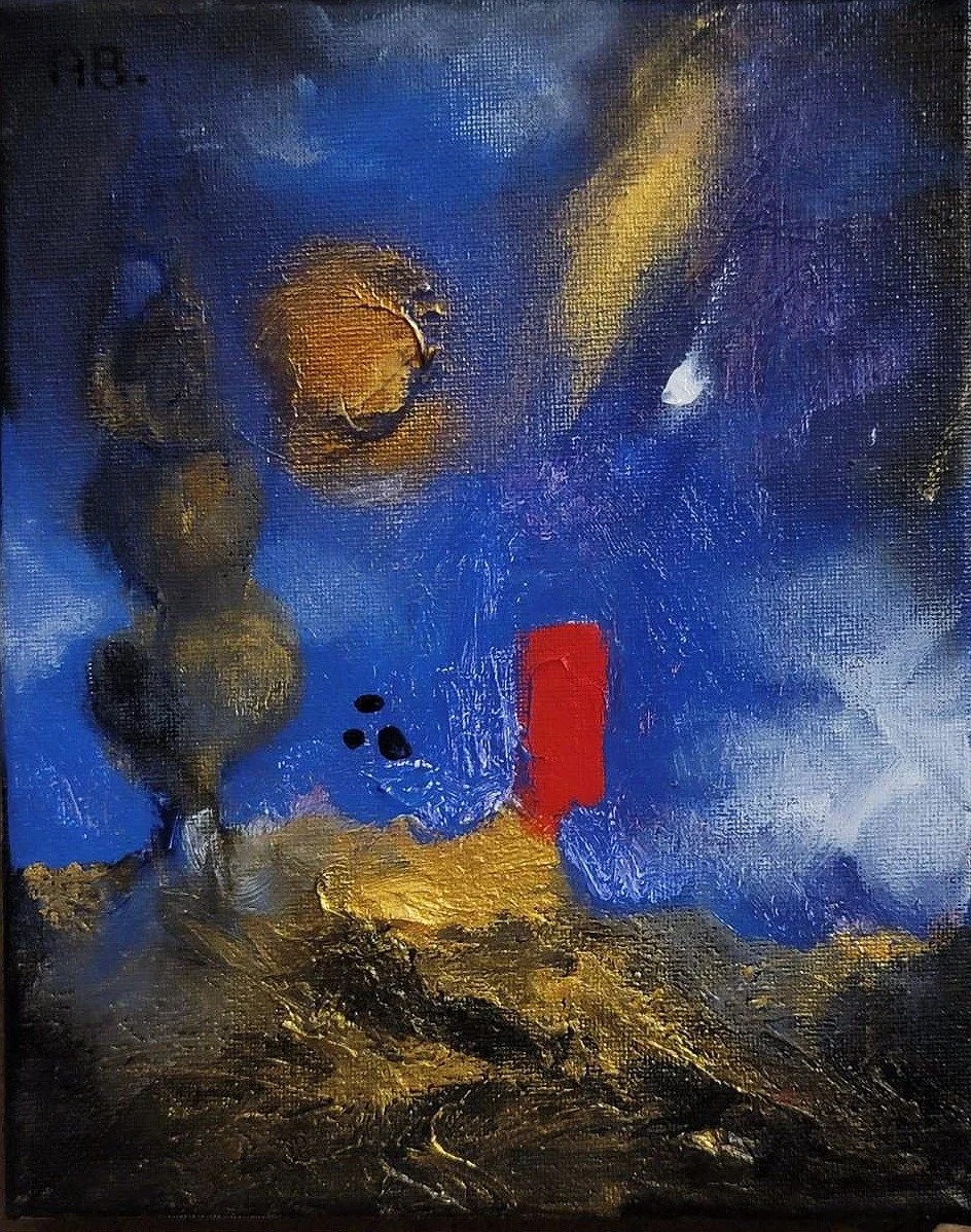 Abstract painting featuring smoky clouds with a prominent orange explosion or fire, blue sky background, a white shape resembling a mountain or comet, and a red rectangular shape, with textured gold and dark ground.