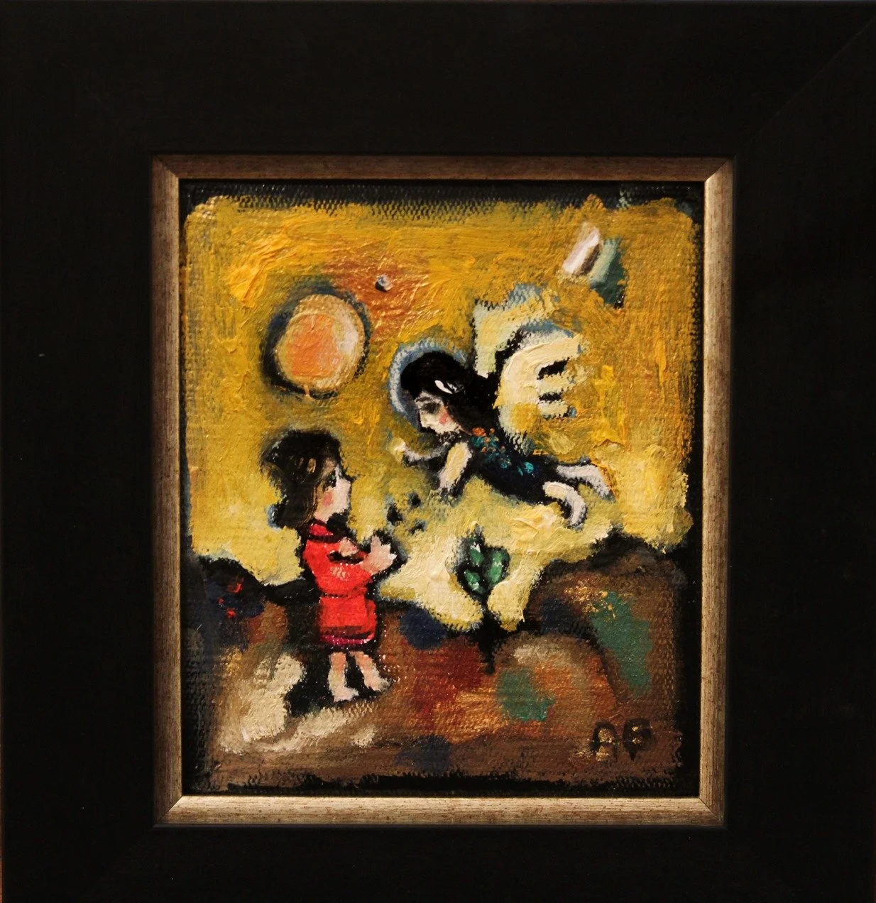 Small painting with two childlike figures, one winged, against a bright yellow background with circular symbols.
