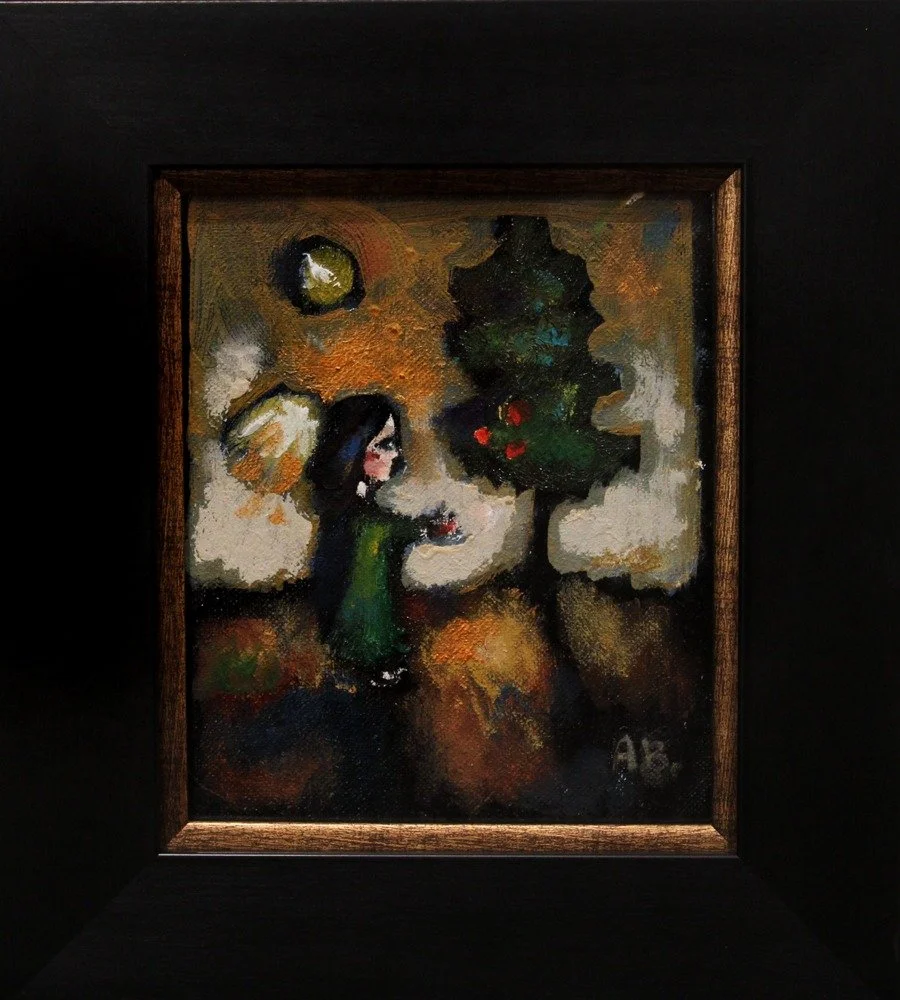 A painting of a girl in green coat looking at a Christmas tree with red ornaments outside at night.