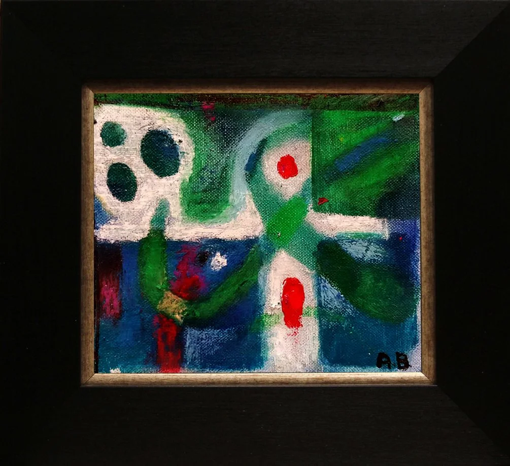 Abstract painting with predominantly green, blue, white, red, and black colors, signed with the initials 'AB' at the bottom right corner.