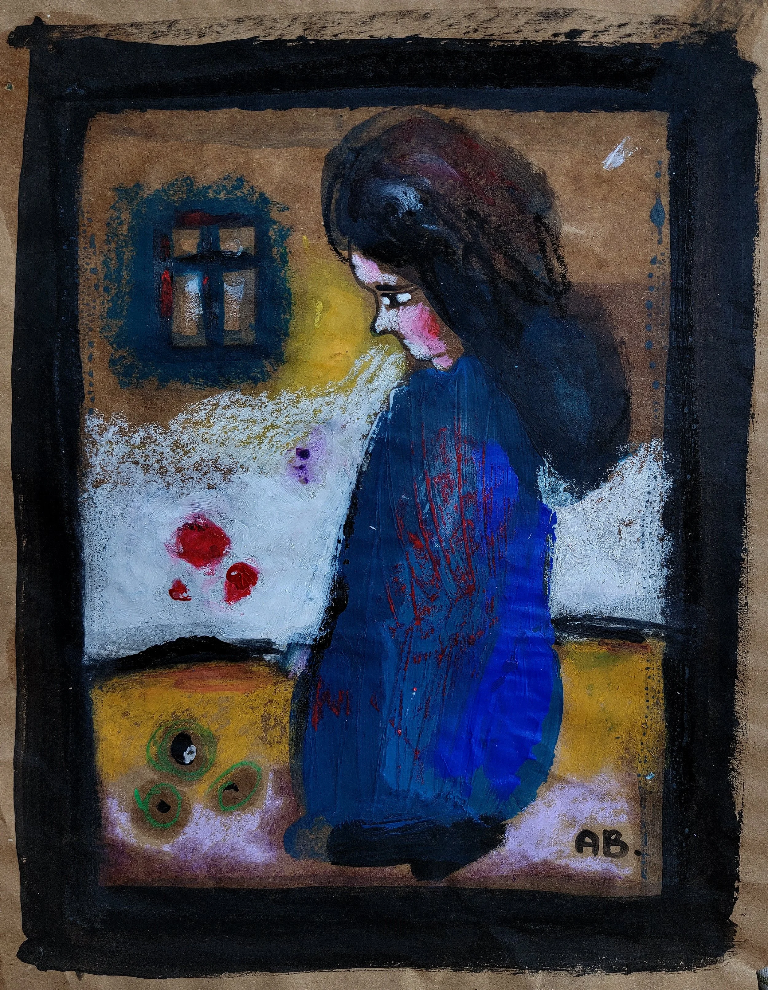 An expressive painting of a woman with long dark hair sitting on the floor, wearing a blue dress, with a background of a yellow and brown color scheme and a framed artwork on the wall.