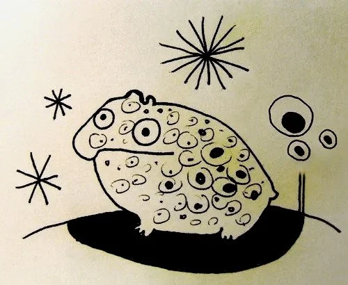 Drawing of a cartoon frog with large eyes, spots, and a long body, sitting on a patch of ground with abstract star-like shapes in the background.