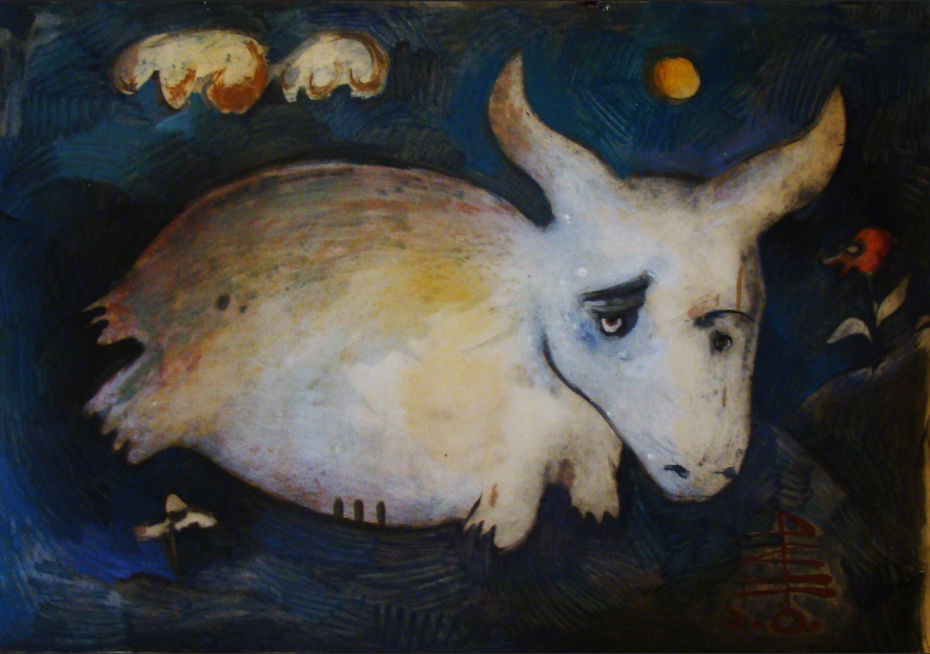 An abstract painting depicting a white goat with blue eyes, large horns, against a dark background with clouds, a yellow moon, and a small bird on the ground.