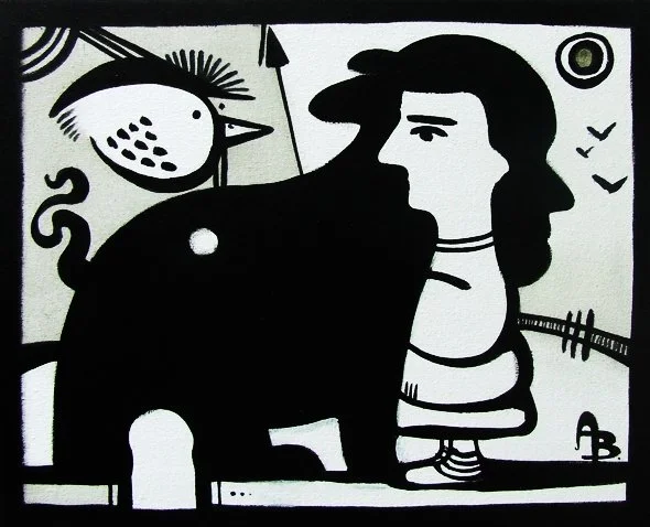 Black and white abstract drawing of a woman with dark hair looking at a large black animal, possibly a cow, with a bird and trees in the background.