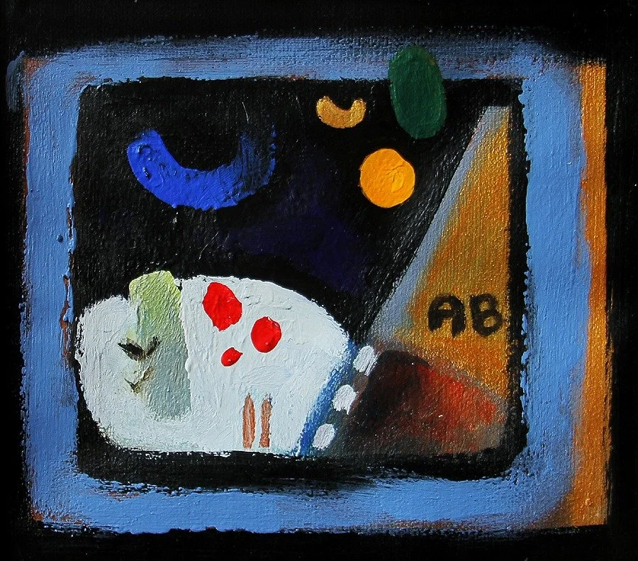 An abstract painting of a computer window with a black background, scattered colorful shapes, including a blue crescent, yellow and orange circles, green oval, and a brownish triangular shape with 'A8' written on it. There is also a white section wit