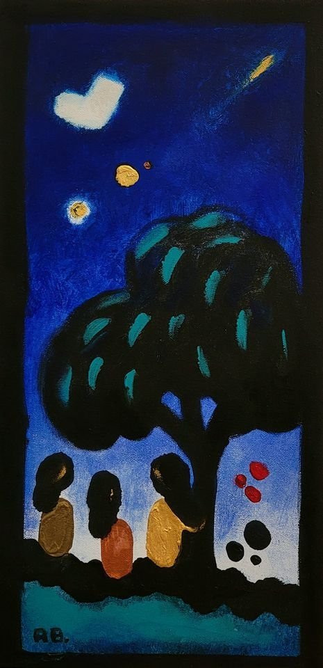A colorful painting of a starry night sky with a comet, a moon, and planets above trees with black silhouettes and gold and red accents.