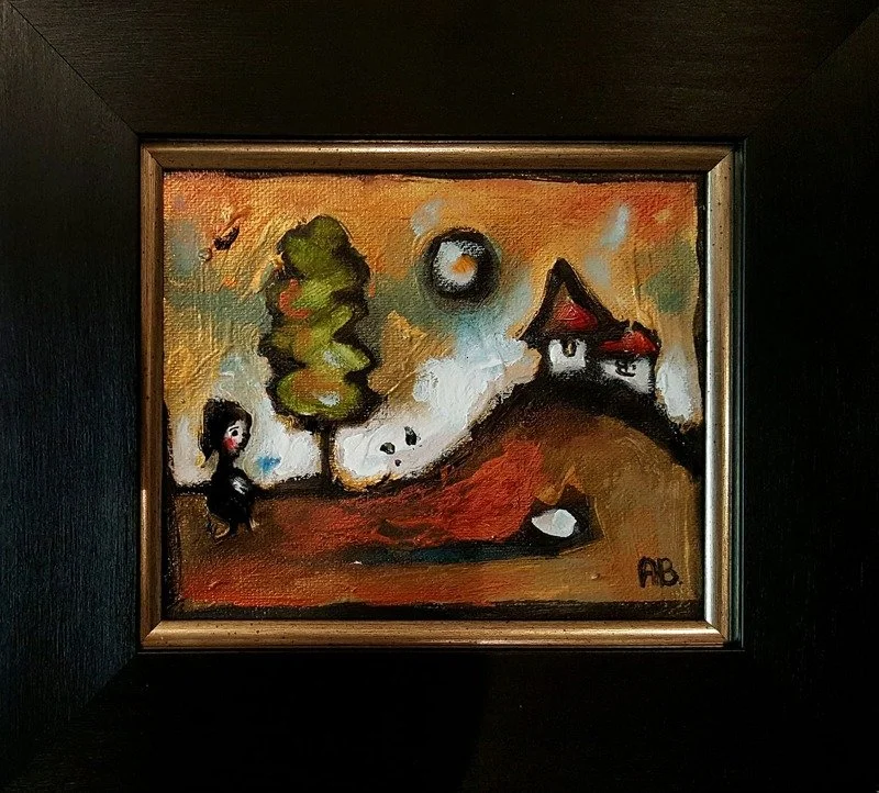 A colorful abstract painting depicting a landscape with a large tree, a small house with a red roof on a hill, a figure of a person standing nearby, a moon in the sky, and some trees and clouds in the background.